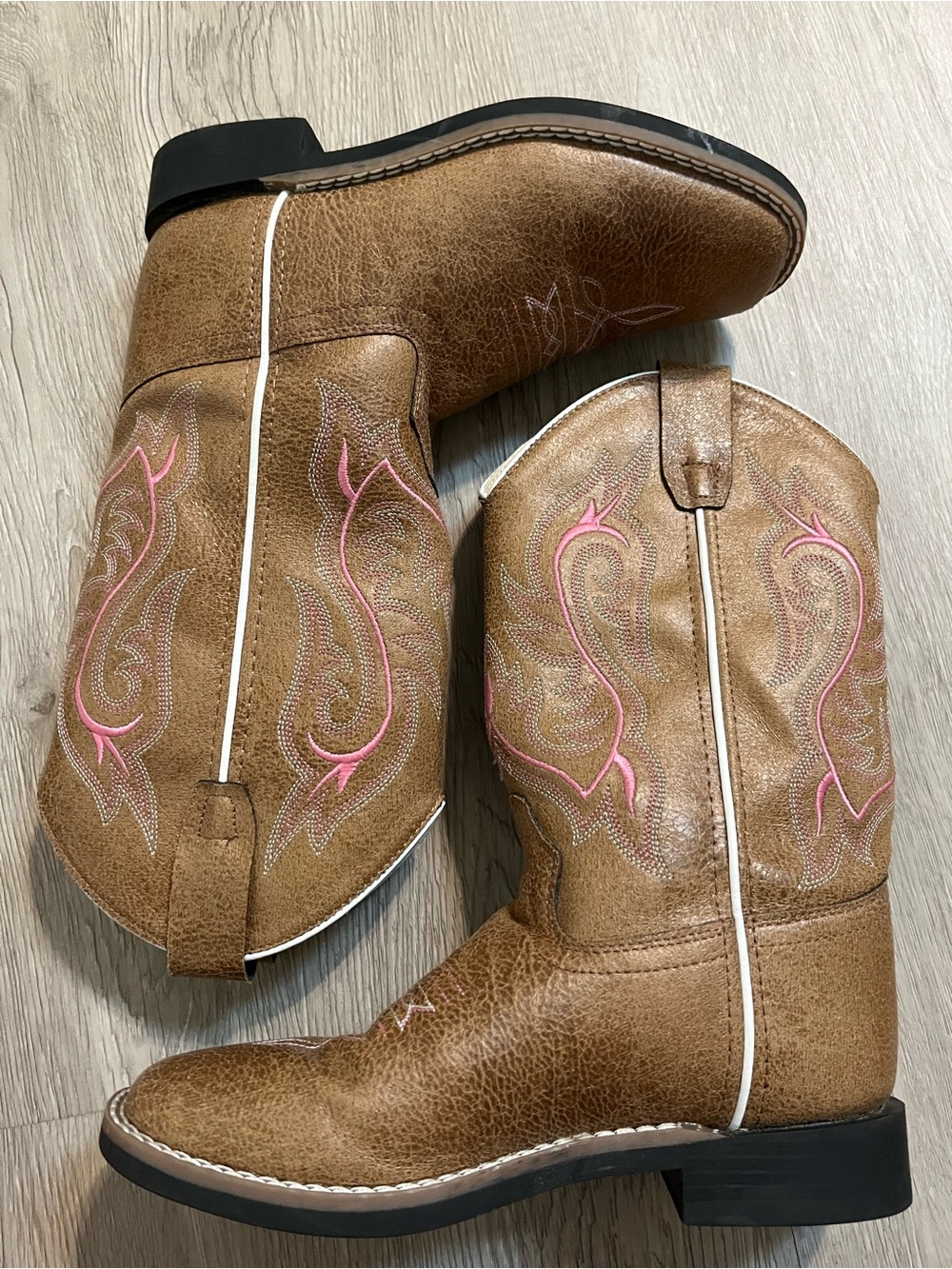Kids Tan Western Cowboy Boots with Pink Stitching